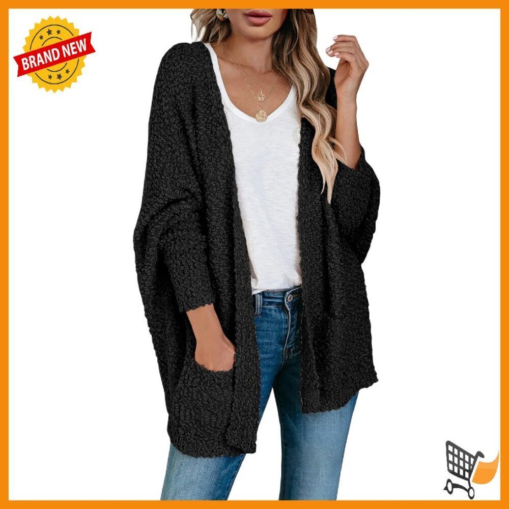 Oversized Chunky Popcorn Knit Cardigan Batwing Sleeves Open Front